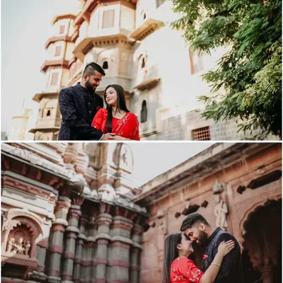 A collage from a pre-wedding shoot at a historic site in Indore. We captured both wide shots showing the magnificent architecture and intimate moments within the temple-like structures.