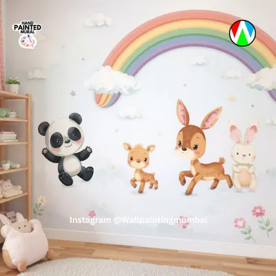 This whimsical mural was designed for a nursery, featuring a friendly panda, deer, and rabbit under a soft rainbow. The gentle colors and cute characters create a soothing and happy environment for a little one.