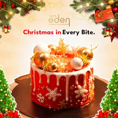 Christmas in every bite. This festive red cake is decorated with golden ornaments and delicate snowflakes, capturing the joy and magic of the holiday season.