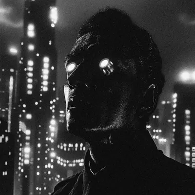 Midnight in Bombaytron. This is from a series exploring a futuristic Mumbai through the lens of classic black and white noir films, focusing on atmosphere, shadow, and light.