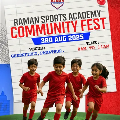 Our announcement for the Raman Sports Academy Community Fest, featuring our youngest players and inviting families to a morning of fun and football.