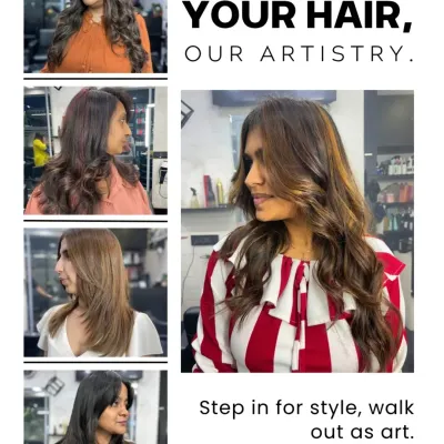 Your hair, my artistry. This collage showcases a variety of styles, from layered cuts to different color finishes.