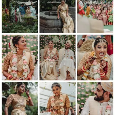 A collage of candid moments from a beautiful South Indian wedding at the Taj West End. It captures the essence of the day, from the solemn rituals to the joyful interactions between the couple and their families.