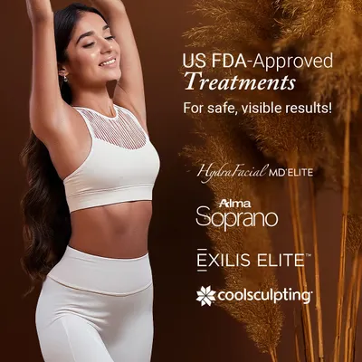 This image represents my commitment to safety and efficacy. I exclusively use US FDA-approved treatments like HydraFacial, Alma Soprano, Exilis Elite, and CoolSculpting to ensure you receive visible results from technologies that are scientifically proven.
