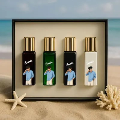 This is my customized Denver Exclusive Perfume Gift Set for men, beautifully presented in a gift box. You can get a name and a caricature printed on all four bottles.