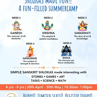 Our 'Shlokas Made Fun' summer camp is a one-of-a-kind adventure into Indian mythology. Each week is dedicated to a different deity, with activities designed to make learning about our culture interactive and exciting for young minds.