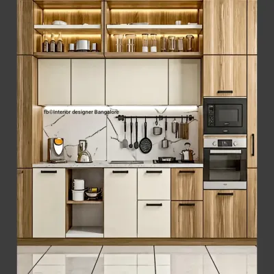 This design features a mix of wood-grain, cream, and glass-front cabinets. The marble backsplash and utensil hanging rod add both luxury and practicality.