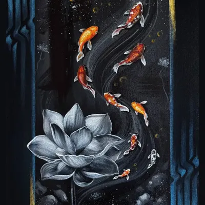 This piece, "Under the Lotus Moon," is an example of my Vastu-inspired artwork. I combined koi fish for prosperity and the lotus for purity to create a painting that brings positive energy. While this is on canvas, I use the same principles to design murals that align with Vastu for homes and offices.