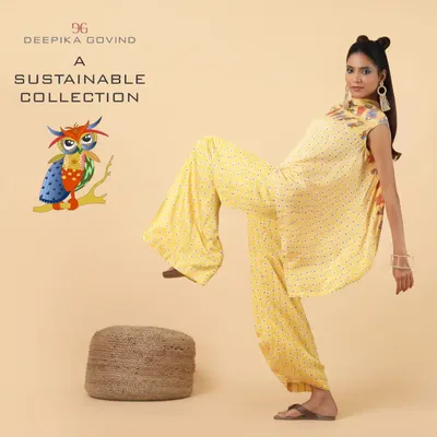 A playful pose in my Owl Collection coordinate set. The earthy yellow Tencel Luxe fabric has a beautiful drape, perfect for the asymmetric hemline of the top and the relaxed fit of the wide-legged pants. This is contemporary fusion wear that tells a story.