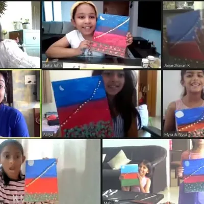 No matter where you are, your child can join the creative fun! This is a snapshot from one of my online canvas painting classes. I provide step-by-step guidance to ensure every child feels connected and proud of their work, even from a distance.