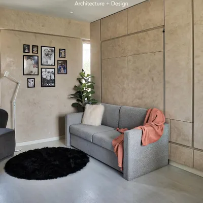 For the Agra Fort Project, we designed this bedroom around an automated Murphy bed. When the bed is up, the room is a spacious lounge with a comfortable couch, making it perfect for a multi-use guest room or studio apartment.