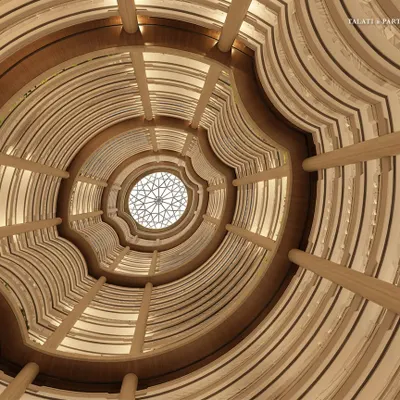 A view from within the heart of Palais Royale, looking up through India’s tallest residential atrium. This 215-meter central void is a feat of structural ingenuity, creating a breathtaking sense of scale and drawing light through the core of the 88-floor tower.