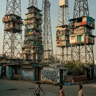 My foundational image for Network Nagar, showing children playing hopscotch below the towering vertical slums. This contrast between everyday life and extreme architecture is what I use to anchor my world-building in a relatable reality.