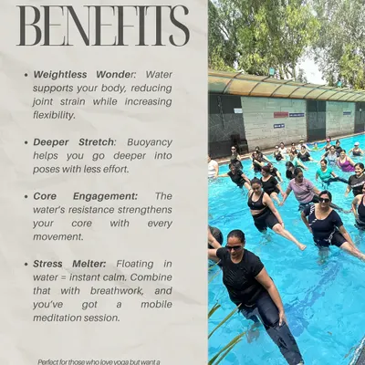 This graphic explains the key benefits of Aqua Yoga. The water supports your body for weightless movement, helps you achieve deeper stretches with less effort, and provides instant stress relief, making it a perfect mobile meditation session.