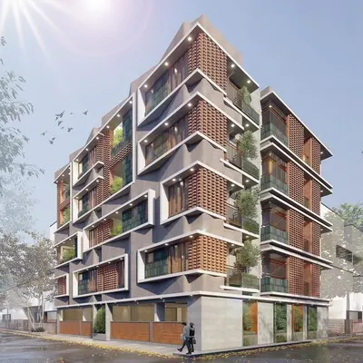 An alternate perspective of 'The Concrete Veil' project. This view highlights the interplay of the concrete structure with the warmth of exposed brick and integrated greenery, showcasing a design that is woven into its urban environment.