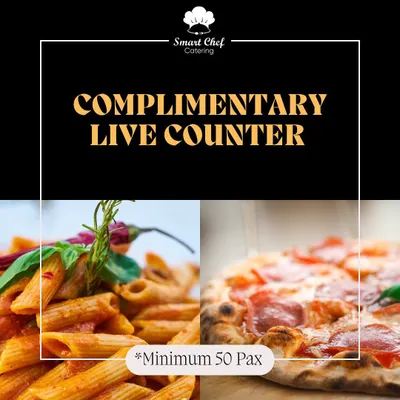 As a special offer, I often provide a complimentary live counter for parties with a minimum of 50 guests. Choose between a fresh pasta station or a hot pizza counter to entertain and feed your guests.