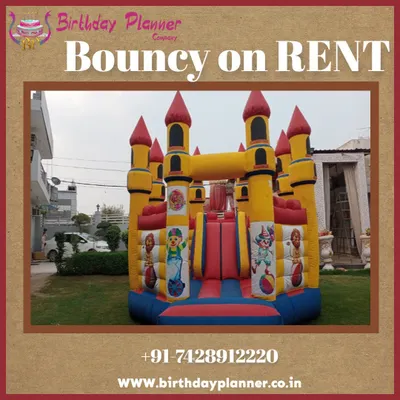 This is our classic yellow and red castle bouncy, a popular rental for children's birthday parties. Its vibrant colors and traditional design make it a centerpiece for any outdoor celebration, providing a safe and fun jumping area.