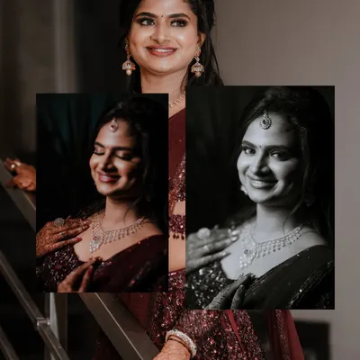 A collage of the bride in both color and black and white. The monochrome shot adds a layer of timeless elegance and focuses on her joyful expression.