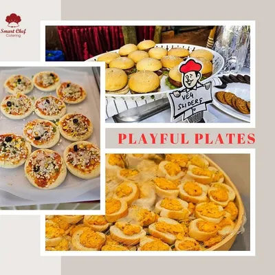 From playful plates to delectable bites, this collage shows some of my most popular items for kids' parties, including mini pizzas, veg sliders, and cheesy bread bites.