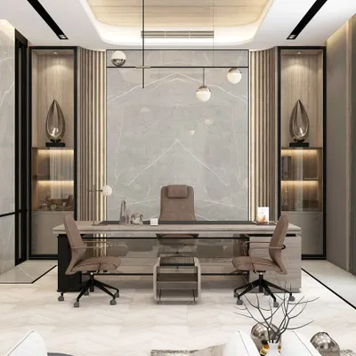 A luxurious CEO's cabin featuring a large executive desk, marble accent wall, and integrated display shelving, designed to make a powerful statement.