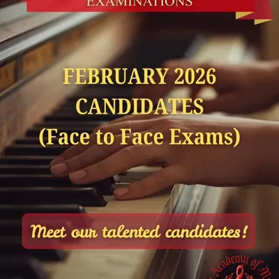 The final rehearsals are over. This poster announces our talented candidates for the February 2026 face to face Trinity College London examinations. We are proud of their discipline and heart.