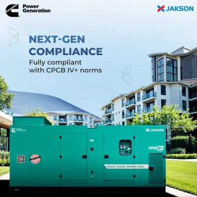 Our gensets are fully compliant with next-generation CPCB IV+ norms. This unit, pictured outside a modern residential complex, represents our commitment to providing power solutions that are both high-performing and environmentally responsible.