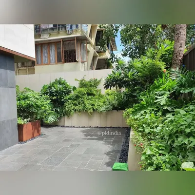 We designed this spacious patio as a green sanctuary. Raised concrete planters filled with dense, layered foliage enclose the space, creating a private courtyard that feels completely removed from the neighboring buildings.