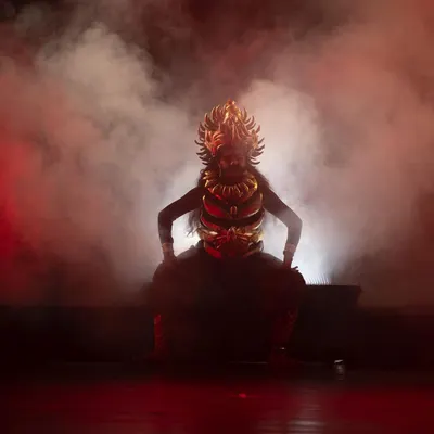 A dramatic silhouette of a character from our 'Krishna' production, using powerful backlighting and smoke to create an aura of mystery and divinity. This is an example of the professional theatrical elements we incorporate into our shows.