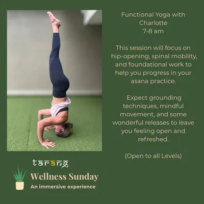 Our Functional Yoga classes, led by instructors like Charlotte, are open to all levels. The focus is on practical movements for hip-opening, spinal mobility, and foundational strength to help you progress in your asana practice and feel refreshed.