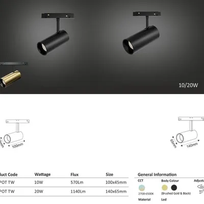 Technical specifications for our 'M SPOT TW' tiltable track light. This sheet details the 10W and 20W options, including dimensions, lumen output, and available body colors like brushed gold and black.