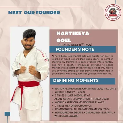 Meet our founder, Kartikeya Goel. This graphic details my background as an international karate champion and my philosophy that martial arts is a lifestyle.