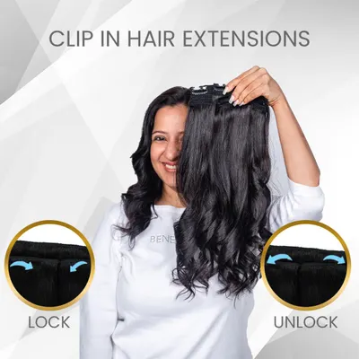 Our clip-in hair extensions are easy to use, with a simple lock and unlock mechanism. This graphic shows how you can instantly add volume and length with our premium sets.