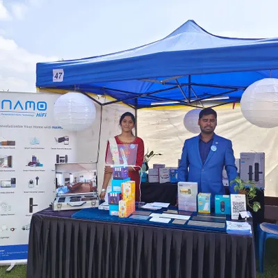 Our team at the NAMO HiFi stall during the Brigade School Annual Day Event in Whitefield. We enjoy demonstrating the latest in smart home technology to the community.