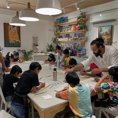 Here is one of our artist mentors guiding a group of young children during a sketching session. We believe in supporting and encouraging, never taking over their creations.