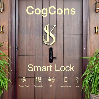 Secure the main entrance to your home with our heavy-duty smart door lock. This image displays the five convenient access methods we offer: fingerprint scan, a secure passcode, RFID card, mobile app control, and a traditional key for backup.