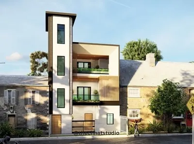 An elevation design for a residence in Moti Nagar, Delhi. This concept features a tall, tower-like element and multiple balconies, creating a modern and dynamic facade that stands out in the neighborhood.