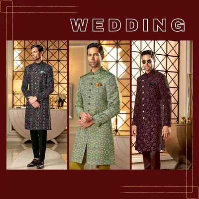 A snapshot from our wedding collection campaign. This image showcases three distinct looks for the modern groom, from a dark patterned sherwani to a vibrant green jacquard.
