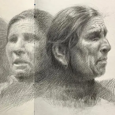 The full drawing of "Destitute of Vision," showing multiple studies of the subject on a single sheet. This is part of my process of exploring a subject from different angles before starting a painting.
