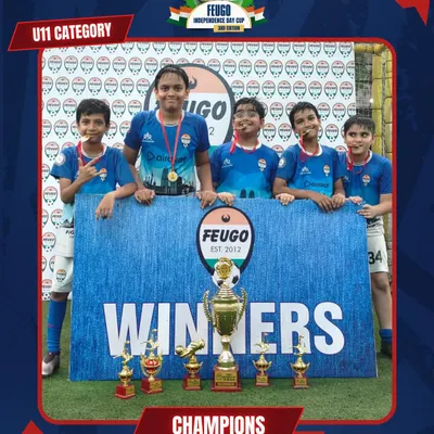 The U-11 Champions, 'StormBreakers', celebrating their win at the Feugo Independence Cup.