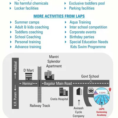 This detailed map shows our precise location on Bagalur Main Road, making it easy for you to find us. The graphic also lists our key facilities, such as the exclusive toddlers pool, parking, and locker rooms, and mentions our use of no harmful chemicals.