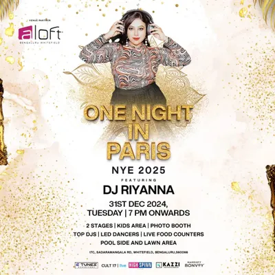The official poster for "One Night in Paris," the massive NYE 2025 bash at Aloft Hotel, Whitefield. I was the featured DJ for this two-stage event with live dancers and food counters.