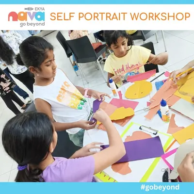 My self-portrait workshop is a space for creative exploration and connection. Here, young artists are busy with collage materials, learning to express their identity through different shapes, colors, and textures. It's a beautiful process of self-discovery.