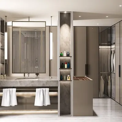 A full view of the open ensuite, showing the seamless flow from the washbasin area to the expansive walk-in closet. The design uses a consistent material palette to unify the two zones.