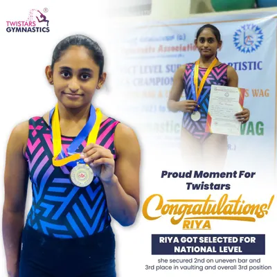 A proud moment for all of us at Twistars! Huge congratulations to our student Riya for her selection to the National Level after securing 2nd place on the uneven bar and 3rd in vaulting.