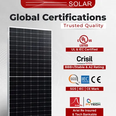 Our solar panels carry trusted quality marks and global certifications. We are UL & IEC certified, CRISIL rated, and Ariel Re Insured & Tech Bankable, ensuring our modules meet the highest standards for performance and financial viability.