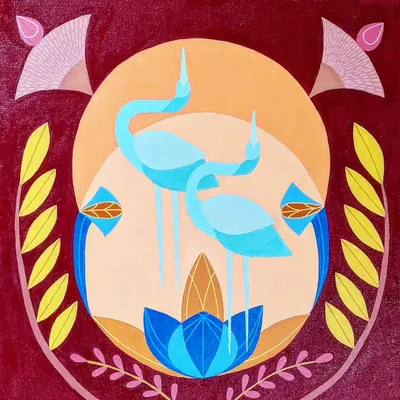 This custom 2'x2' acrylic on canvas painting is a study in nature and symmetry. It features two blue cranes, lotuses, and fans arranged in a balanced composition against a rich, deep red background.