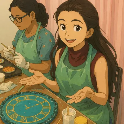 Here's an AI Ghibli-style reimagining of one of my resin clock workshops. I love how it captures the wonder and excitement of creating something new. It turns a simple workshop moment into a scene from a magical movie.