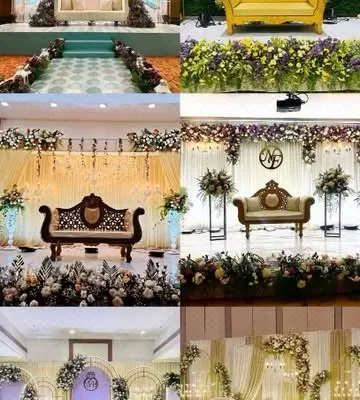 This collage showcases the variety of stage decorations I have created for different pre-wedding and wedding functions. It gives you a quick overview of my versatility, from floral arches to more traditional and opulent setups.
