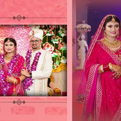 A wedding album layout featuring a couple portrait and a solo portrait of the bride. We design each page to tell a part of your story.