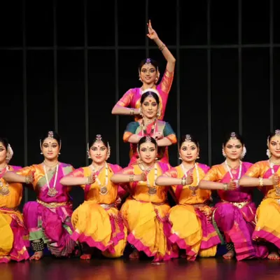 My dance troupe, Abhinayaa, in a classic Bharatanatyam formation. It is a privilege to guide these talented dancers as they grow, and to create productions that showcase their collective skill and my choreographic vision.
